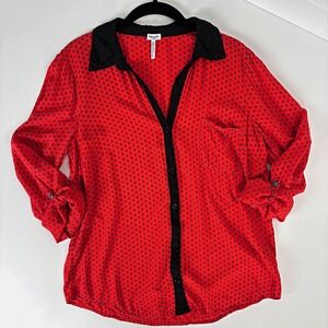 2010s Splendid Red Black Geometric Dot Print ButtonUp Blouse L 80s 90s Christmas